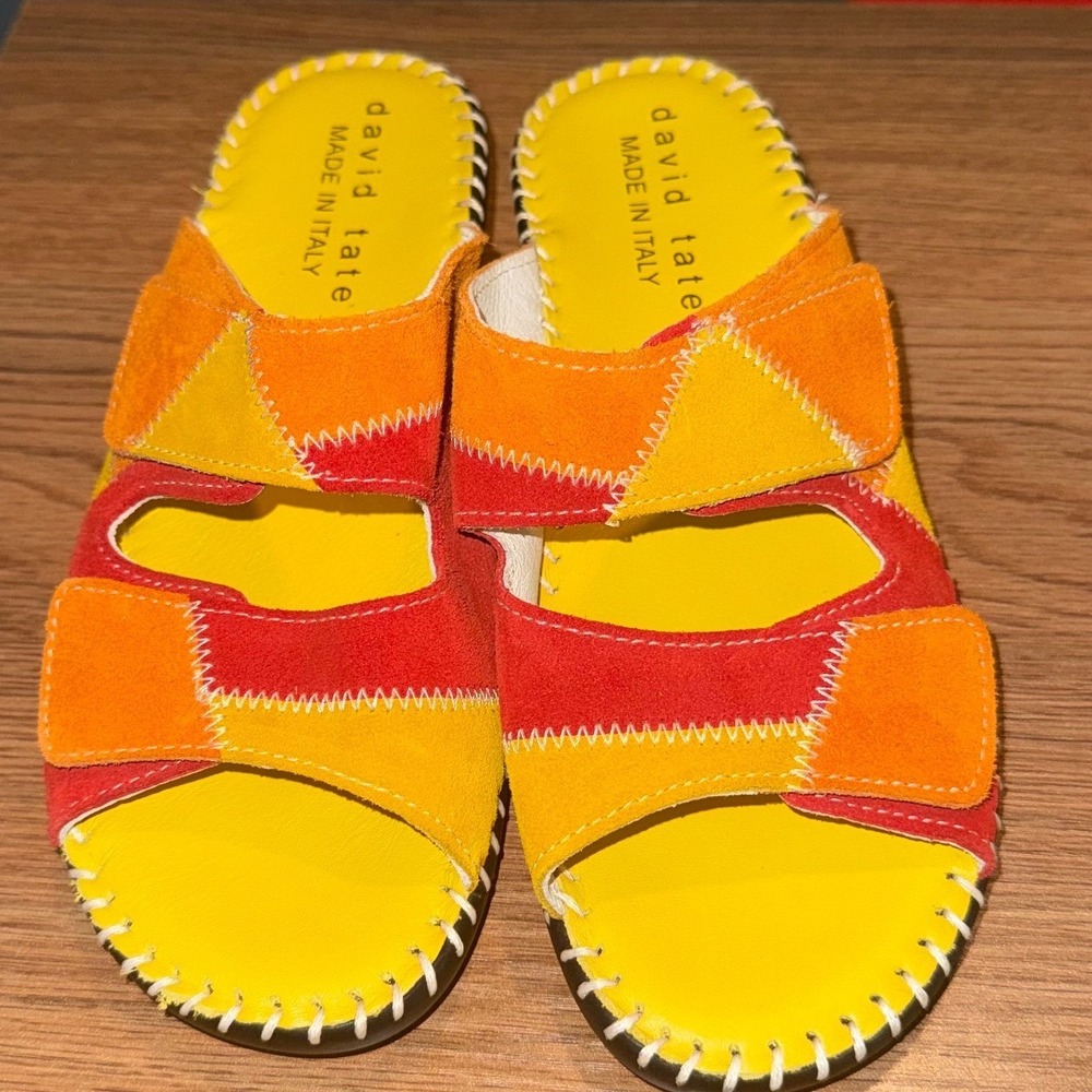David Tate Womens‎ 6 Patchwork Suede Wedge Slide Sandals Yellow Orange Red Italy